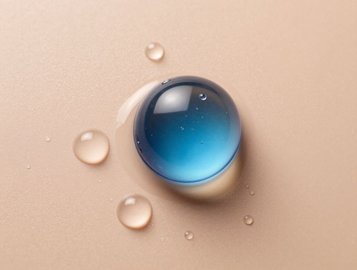 Elegante Wassertropfen auf einer spiegelnden Oberfläche in Blau- und Silbertönen, symbolisiert molekulare Feuchtigkeit und Hyaluronsäure-Strukturen